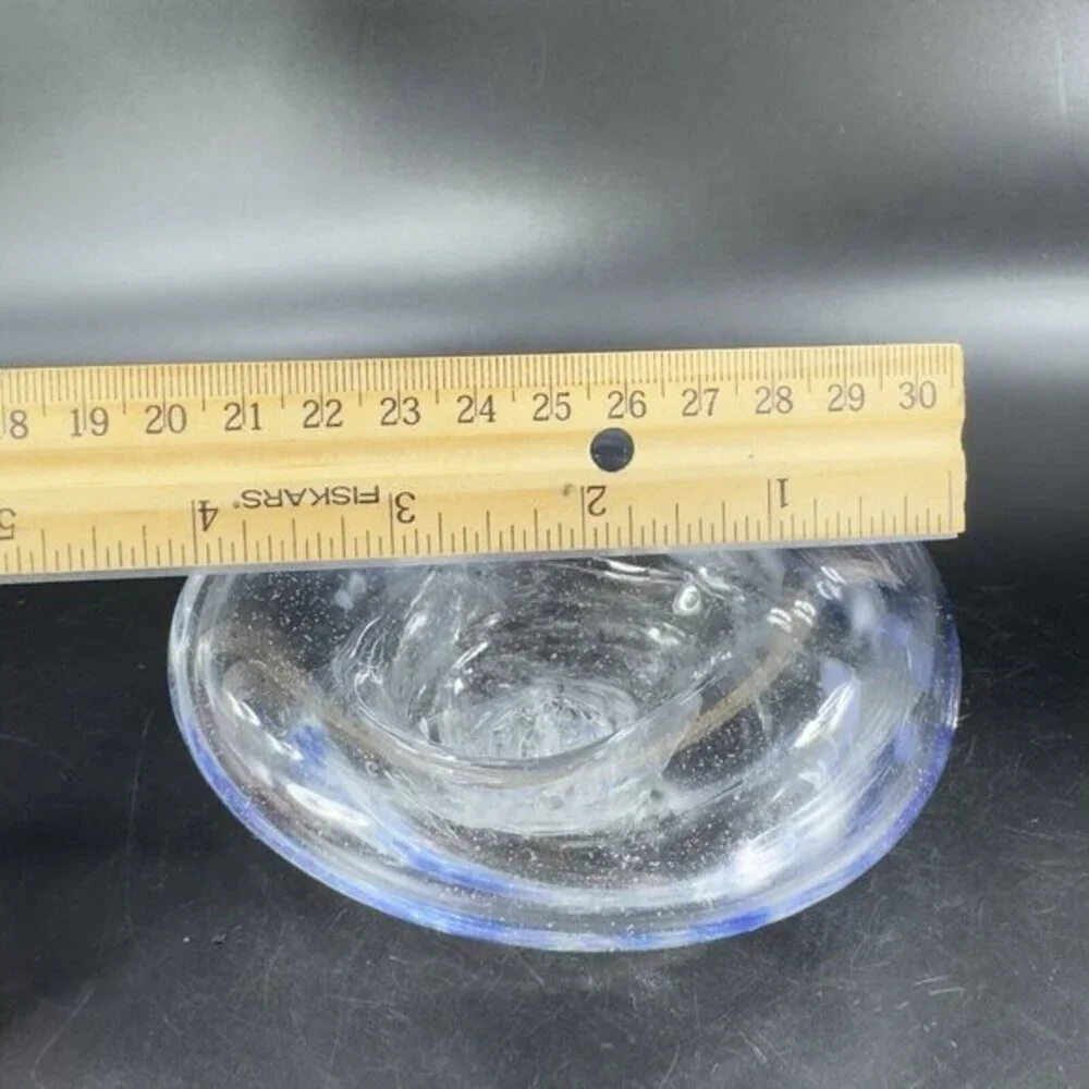 Vintage Hand Blown Art Glass Dish Bowl Clear With Blue Spots Hand Made Glass VTG